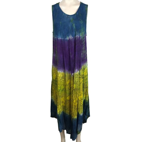 SAKKAS - WOMENS FREE SIZE - BLUE SLEEVELESS V NECK 100% RAYON TIE DYE BOHO DRESS - Picture 1 of 7